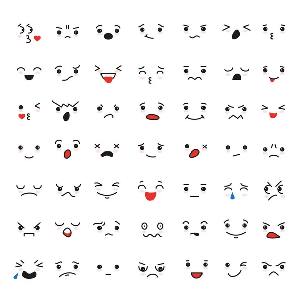 Zeichentrick-Kawaii-Gesichter, unterschiedliche Emotionen. — Stockvektor