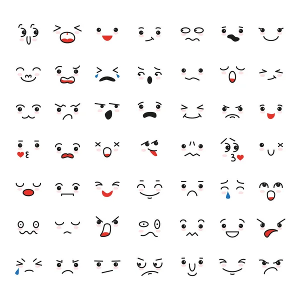 Sæt af tegneserie kawaii ansigter, forskellige følelser . – Stock-vektor