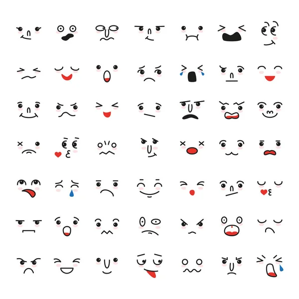Set van cartoon kawaii gezichten, verschillende emoties. — Stockvector