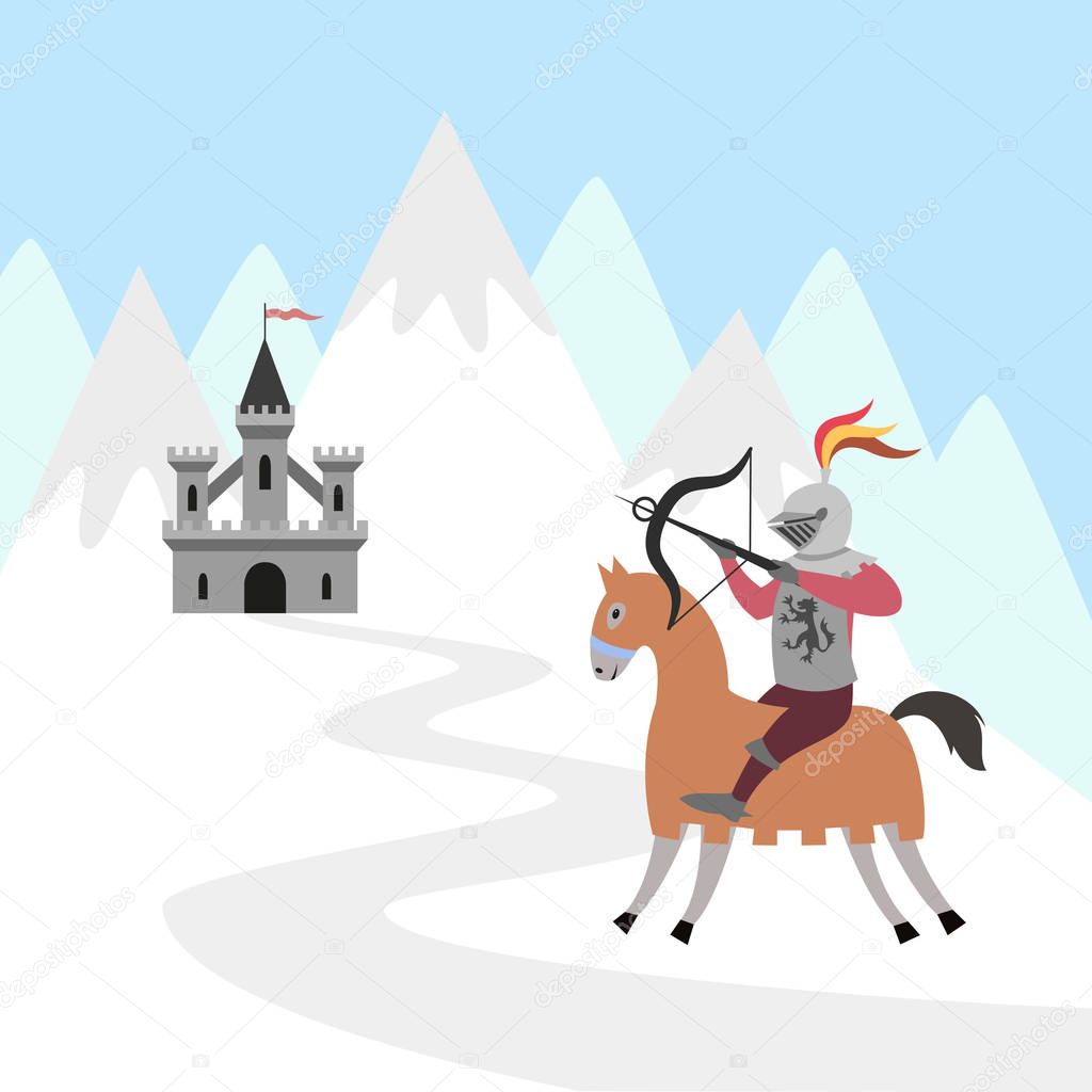 Cartoon knight on horseback and medieval castle on snow mountain