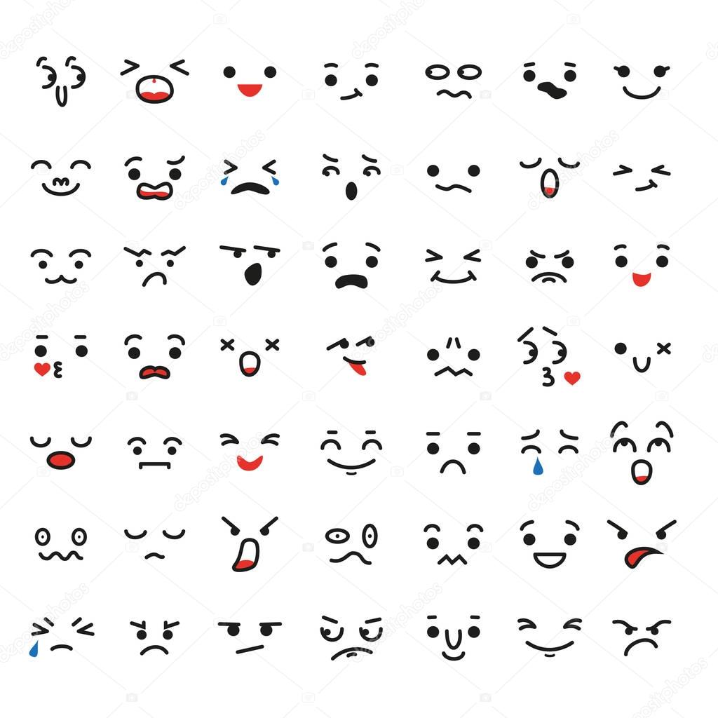 Set of cartoon kawaii faces, different emotions. 