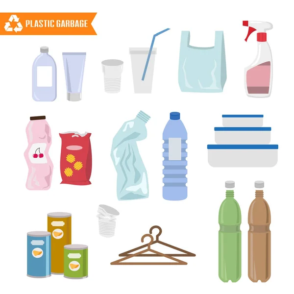 Conjunto de vector plano de desechos plásticos. Botellas, tenedor y