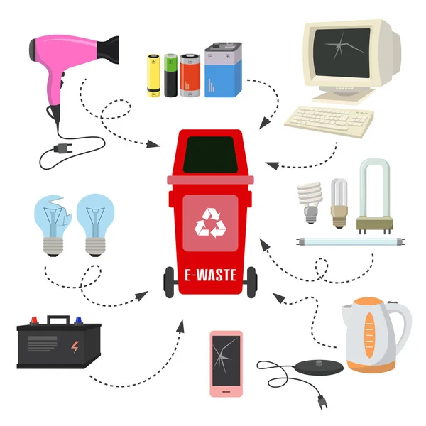 Contenedor con basura E-waste sobre fondo blanco . — Vector de stock