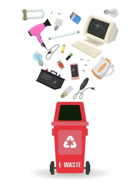 Δοχείο με E-waste σκουπίδια σε λευκό φόντο. — Διανυσματικό Αρχείο
