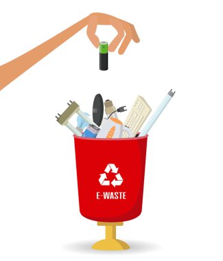 Beyaz arka planda e-atık konteyner içine çöp adam atar