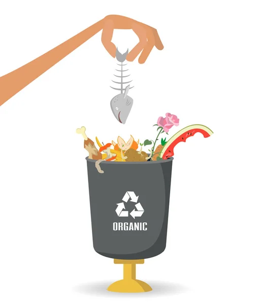 L'homme jette les ordures dans un récipient organique sur fond blanc . — Image vectorielle