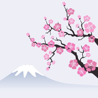 Sakura çiçeği üzerinde dağ manzarası.