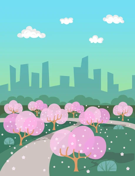 Pemandangan kota dengan bunga sakura . - Stok Vektor