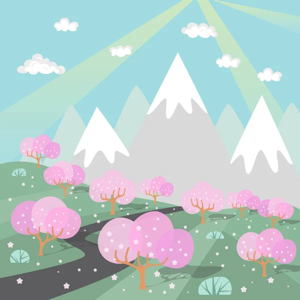 Pemandangan gunung dengan bunga sakura . - Stok Vektor