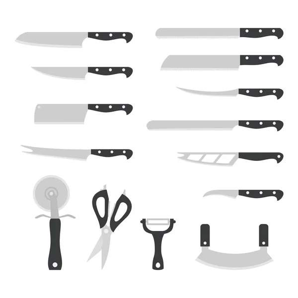 Kitchen knife set on white background. — Stock Vector