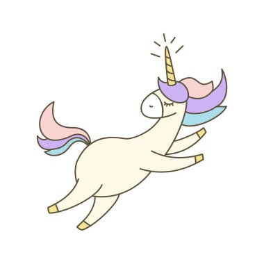 Resimde beyaz arka plan üzerinde şirin unicorn ile. 