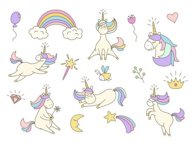 Beyaz arka plan üzerinde ile şirin tek boynuzlu at ayarla.