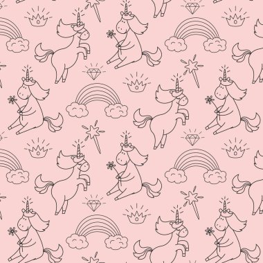 Tek boynuzlu atlar ile şirin seamless modeli. 