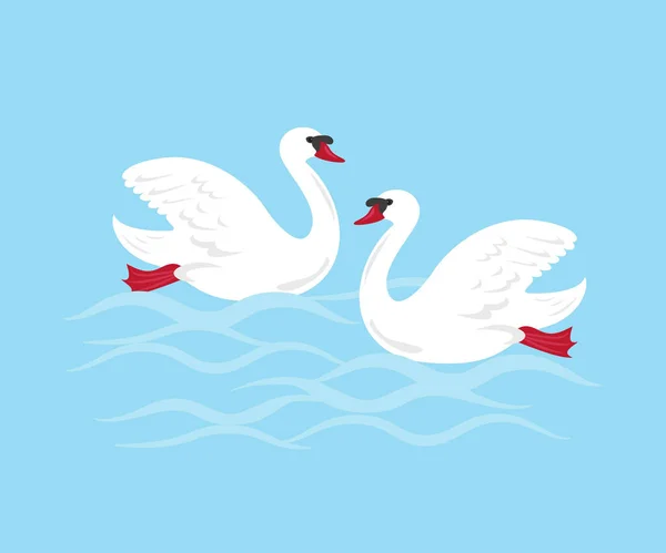 Cisnes de desenhos animados no fundo azul . — Vetor de Stock