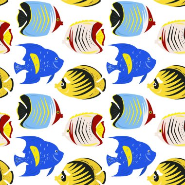 Beyaz arka plan üzerinde tropikal balıklar ile Seamless Modeli. 