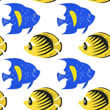 Beyaz arka plan üzerinde tropikal balıklar ile Seamless Modeli.