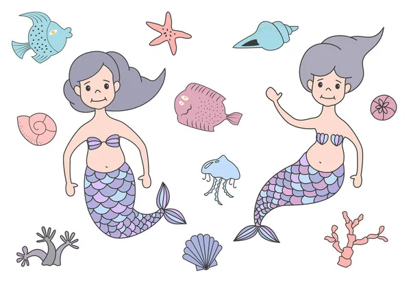 Set Cute Mermaids Marine Nature Vector Illustration — Stock Vector