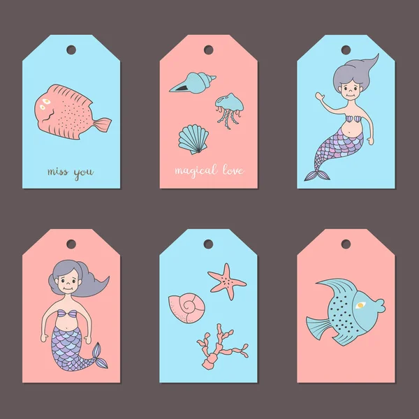 Set of tags with a mermaids and marine animals. — Stock Vector