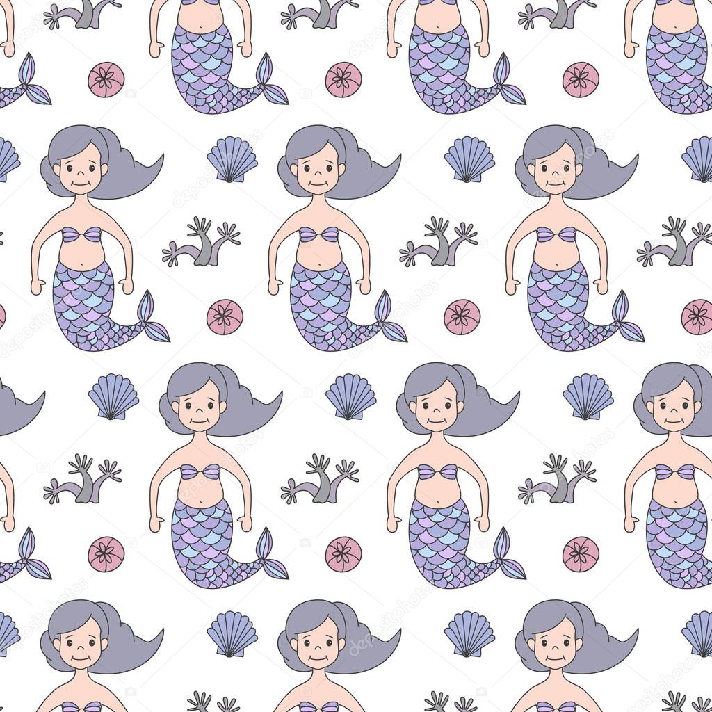 Seamless pattern with cartoon mermaids. Vector illustration.