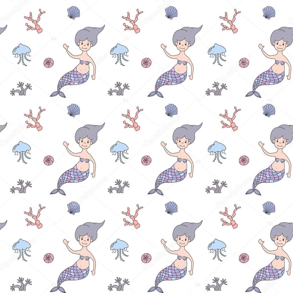 Seamless pattern with cartoon mermaids. Vector illustration.