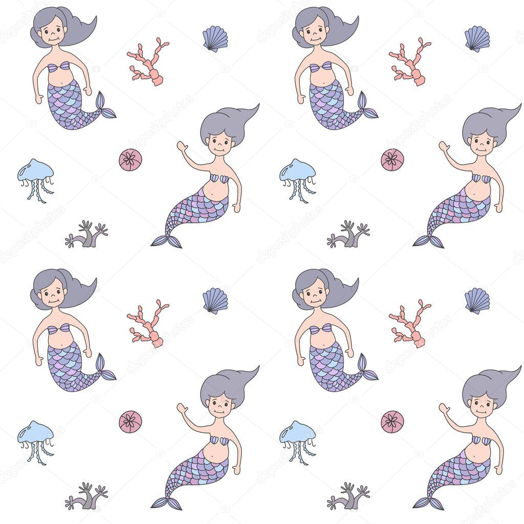 Seamless pattern with cartoon mermaids. Vector illustration.