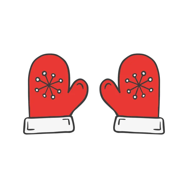 Julen varma handskar med snöflinga i doodle skiss stil. — Stock vektor