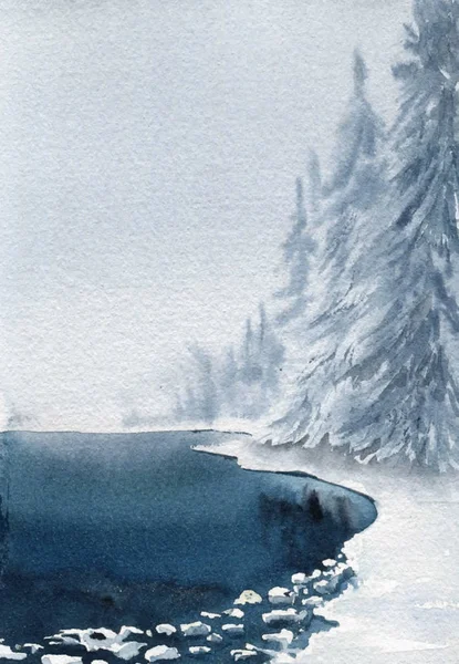 Tarjeta de invierno. Lago y bosque en la nieve . — Foto de Stock