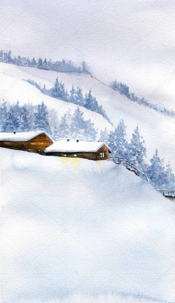 Winter card. Houses in the snowy mountains.