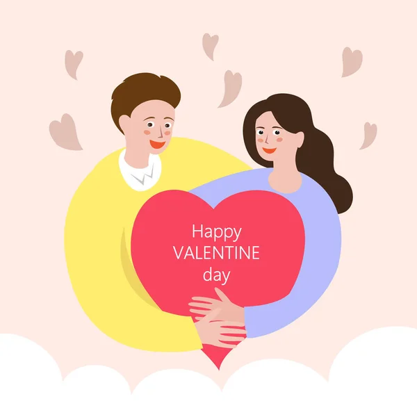 Hombre y mujer sostiene un corazón con texto "Feliz día de San Valentín  ". — Vector de stock