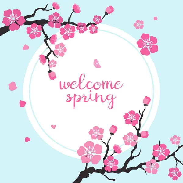 Card with cherry blossom with text 'Welcome spring'. — Stockvector