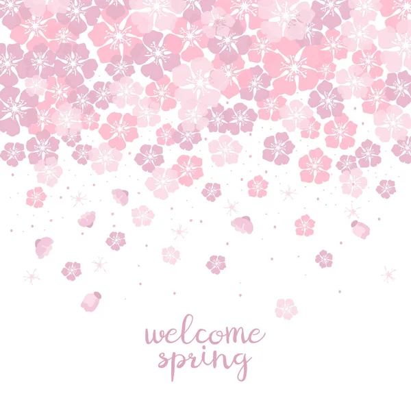 Latar belakang lucu dengan bunga sakura dengan teks 'Selamat musim semi' . - Stok Vektor