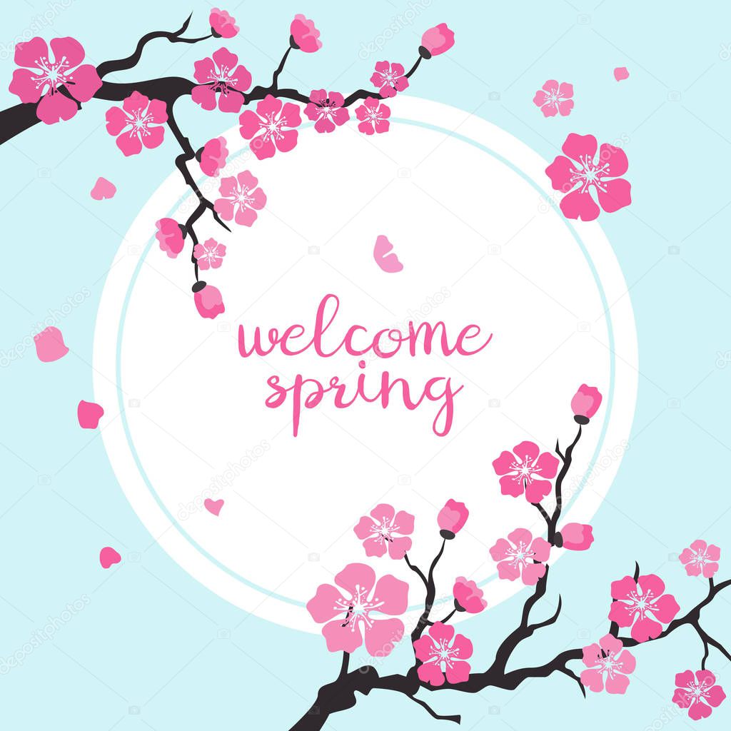 Card with cherry blossom with text 'Welcome spring'.
