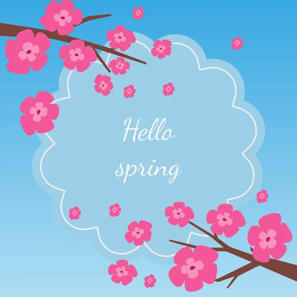 Karte mit Kirschblüte mit der Aufschrift "Hallo Frühling". — Stockvektor