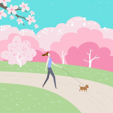 Park manzarası, kiraz çiçekleri ve köpekli bir kız. Vektör İllüstrasyonu.