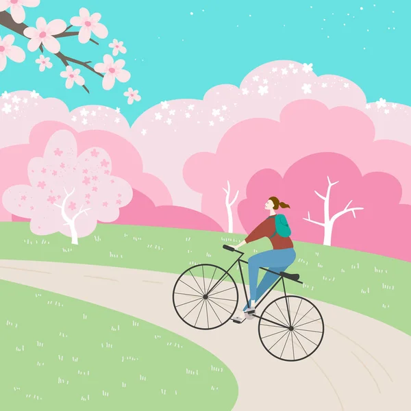 Park Manzarası Kiraz Çiçekleri Bisikletli Bir Kız Vektör Llüstrasyonu — Stok Vektör