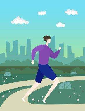 Çizgi film adamı parkta koşuyor. Vektör çizimi.