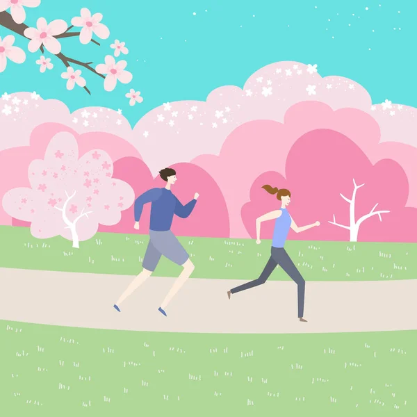 カップルは開花公園でジョギングしている ベクターイラスト — ストックベクタ