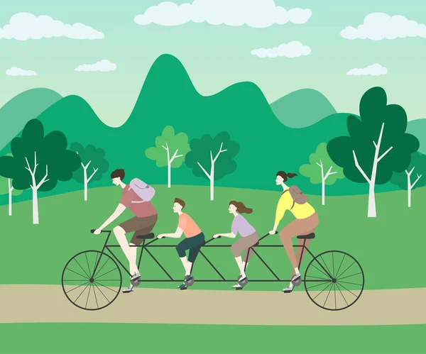 Família Feliz Andando Bicicleta Tandem Com Quatro Lugares Ilustração Vetorial —  Vetores de Stock