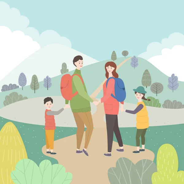 Keluarga Bahagia Pergi Hiking Pegunungan Wisata Gunung Ilustrasi Vektor - Stok Vektor