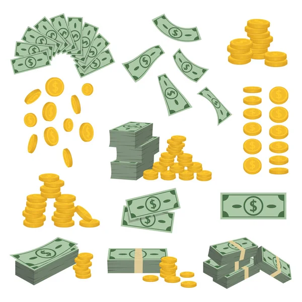 Set Dari Berbagai Uang Tagihan Dolar Dan Koin Emas Ilustrasi - Stok Vektor