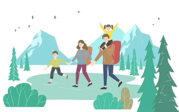 幸せな家族は山の中でハイキングに行きます 山岳観光 ベクターイラスト — ストックベクタ