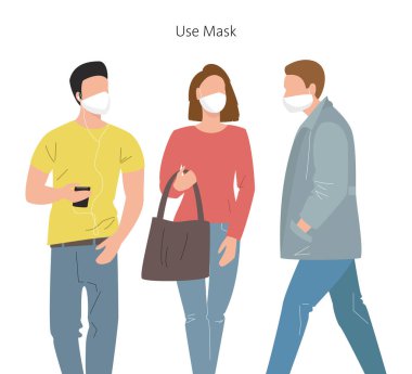 Virüsü önlemek için koruyucu tıbbi maske takanlar. Vektör İllüstrasyonu.