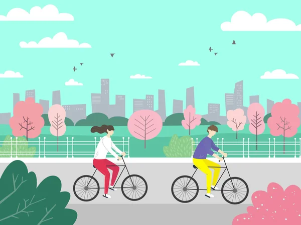 Hombre Mujer Bicicleta Parque Fondo Del Paisaje Ciudad Estilo Vida — Vector de stock