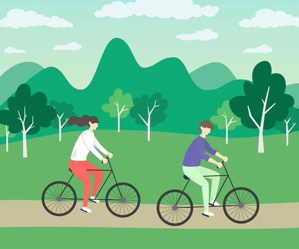 Hombre Mujer Montando Bicicleta Parque Estilo Vida Saludable Ilustración Vectorial — Vector de stock