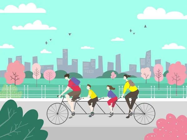 Familia Feliz Montando Una Bicicleta Tándem Con Cuatro Asientos Parque — Vector de stock