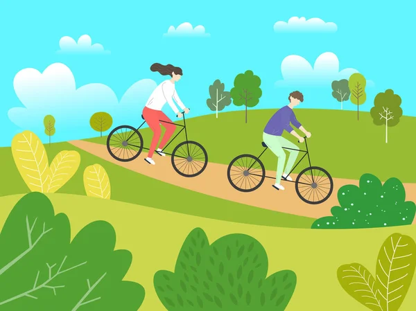 Parkta Bisiklete Binen Adam Kadın Sağlıklı Yaşam Tarzı Vektör Llüstrasyonu — Stok Vektör