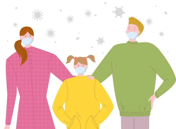 Keluarga Memakai Topeng Medis Pelindung Untuk Mencegah Virus Ilustrasi Vektor - Stok Vektor