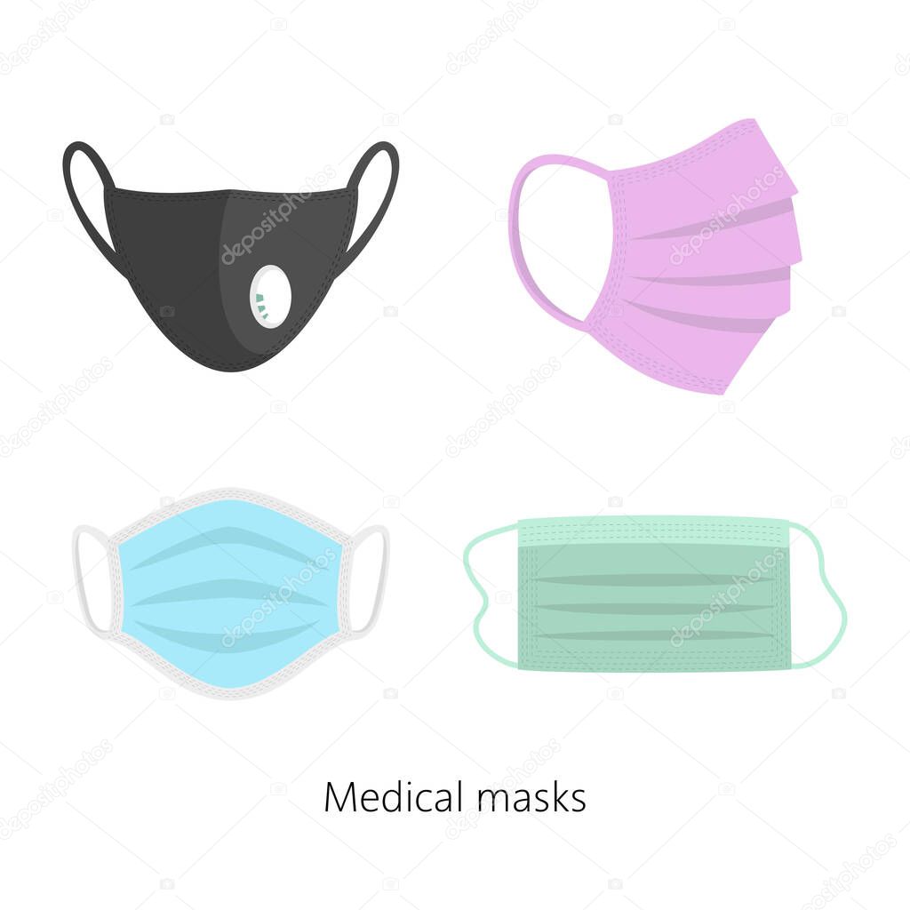 Set of safety breathing masks, breathing medical respiratory masks. Vector illustration.