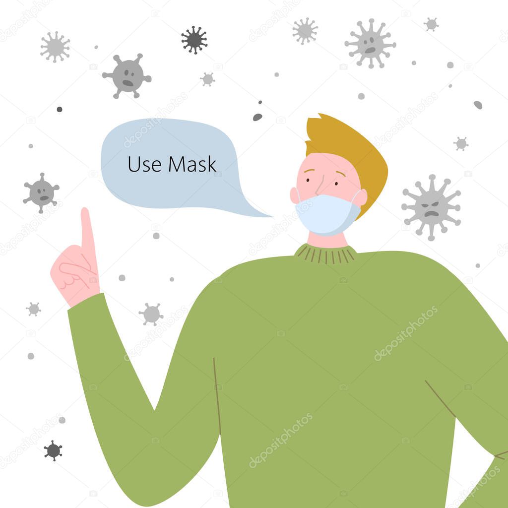 Young man with protective medical mask for prevent virus and the text 