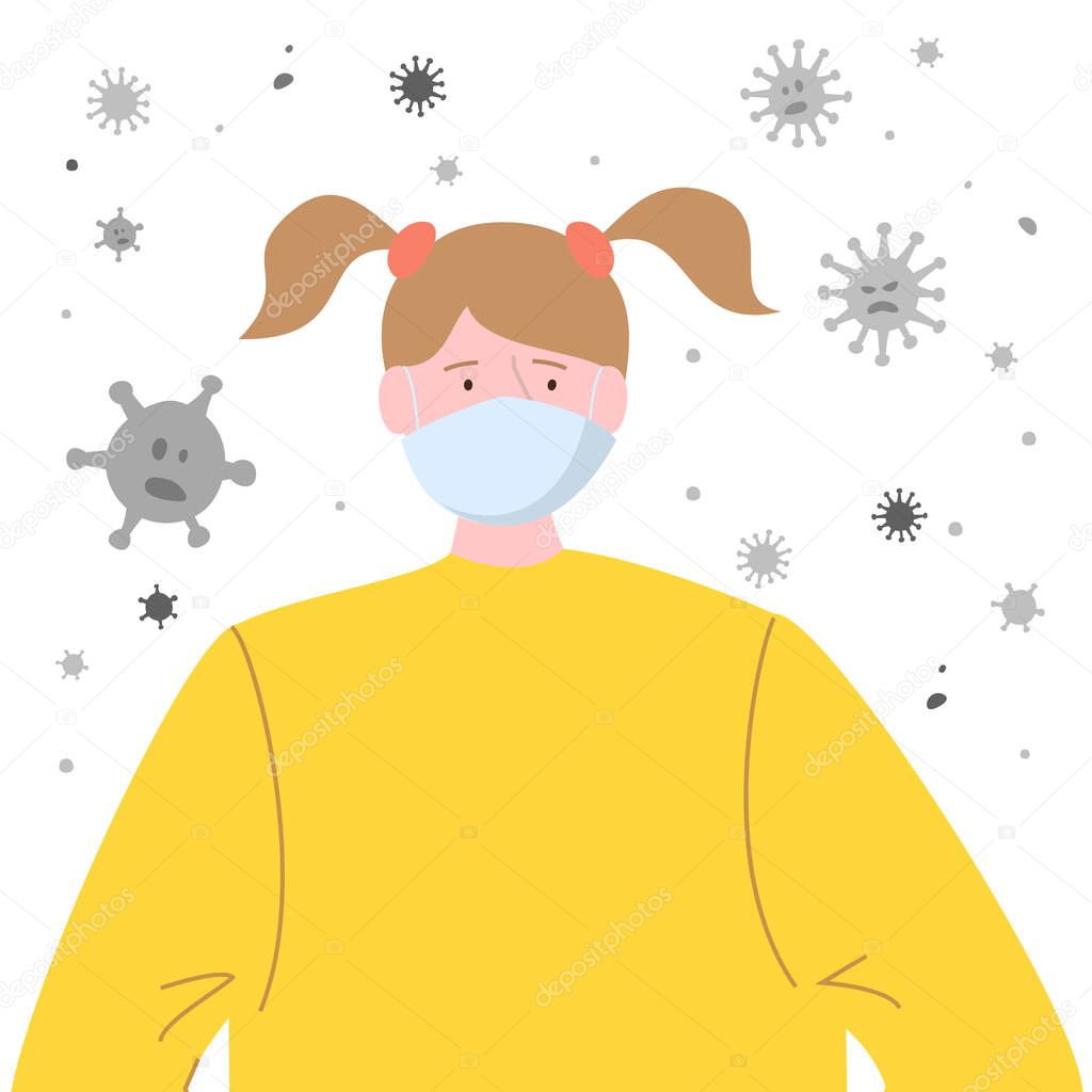 Girl with protective medical mask for prevent virus. Vector Illustration.